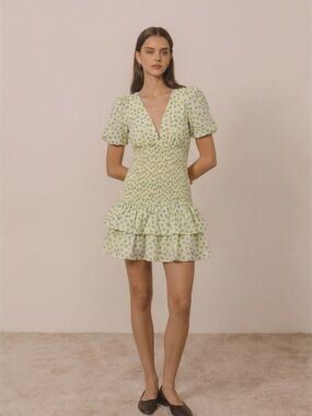 NWT y&i Deep V Bodycon Ditsy Print Puffed Sleeve Cotton Dress Size M